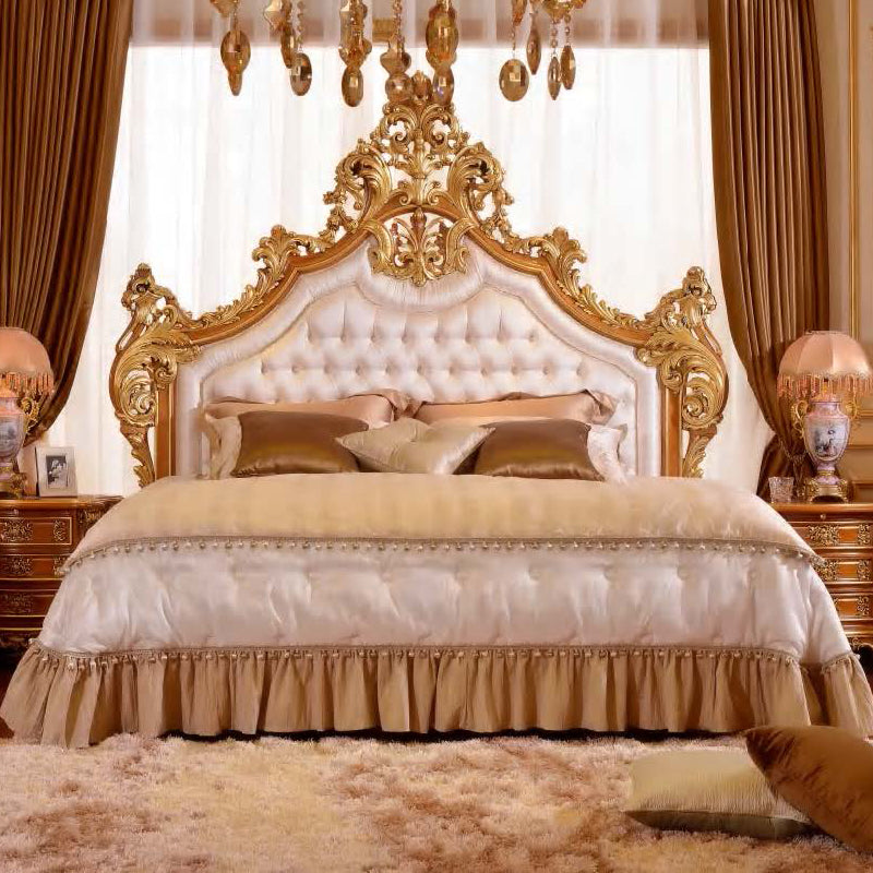 French classical style solid wood bedroom set high quality leather soft bed