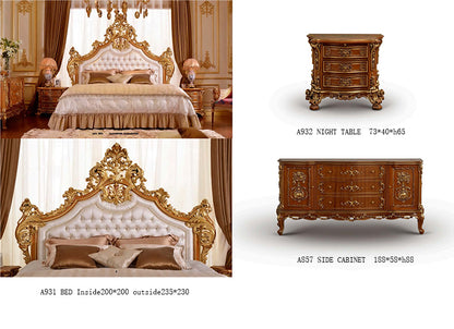 French classical style solid wood bedroom set high quality leather soft bed