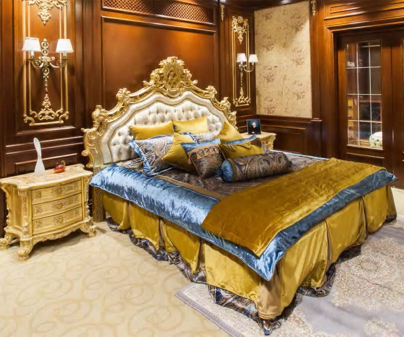 Luxury Italian Style Royal Double Bed Gold Decorative Carved Bed Frame