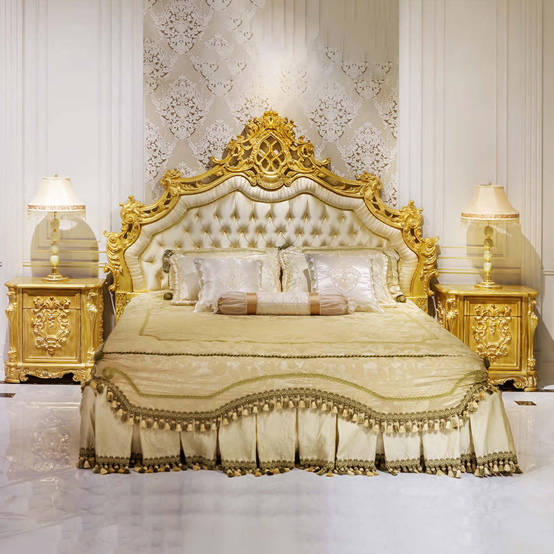 Luxury Italian Style Royal Double Bed Gold Decorative Carved Bed Frame